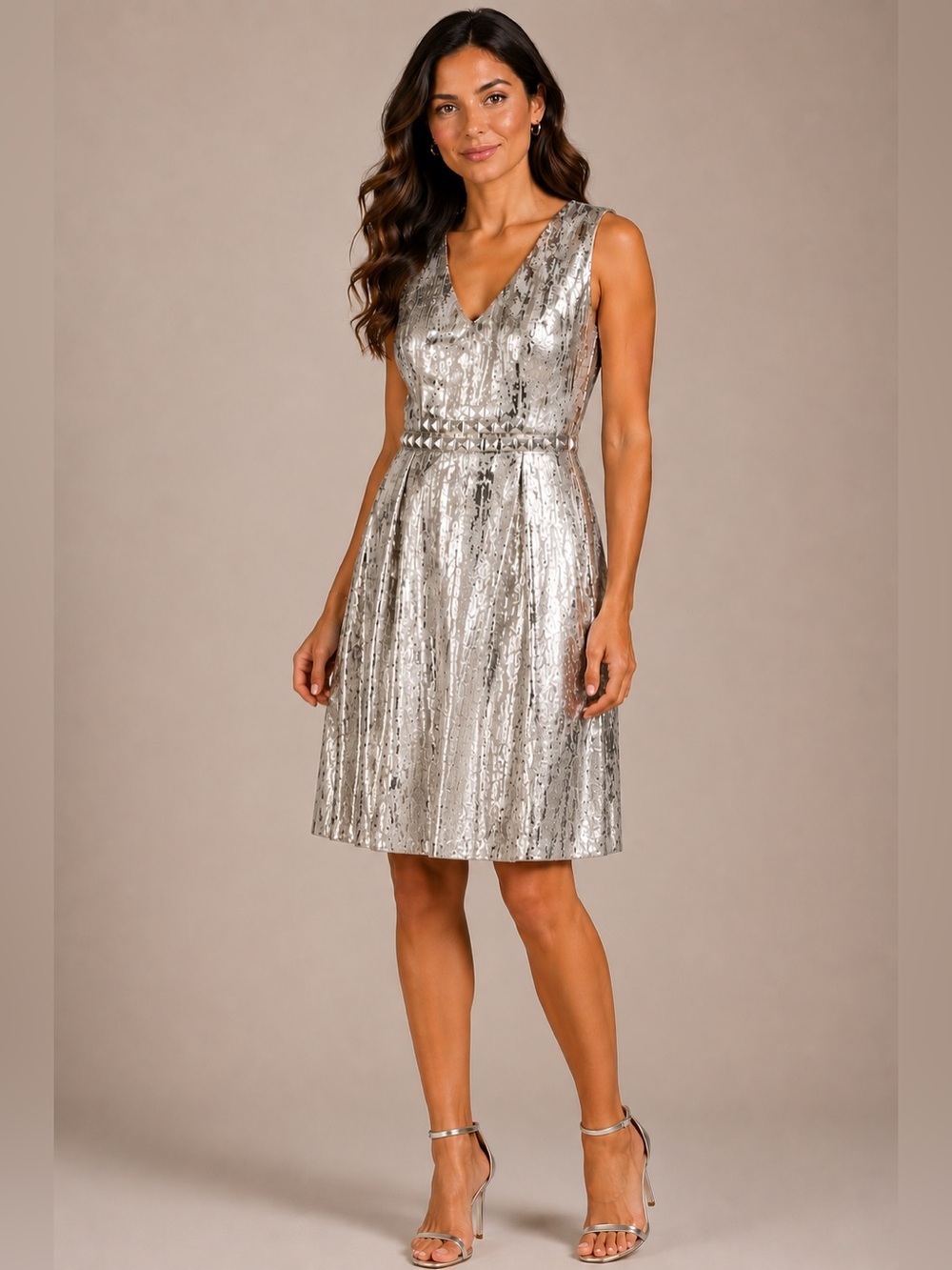 Carmen Marc Valvo Silver Metallic Jacquard Studded Waist Fit & Flare Dress Sz 10